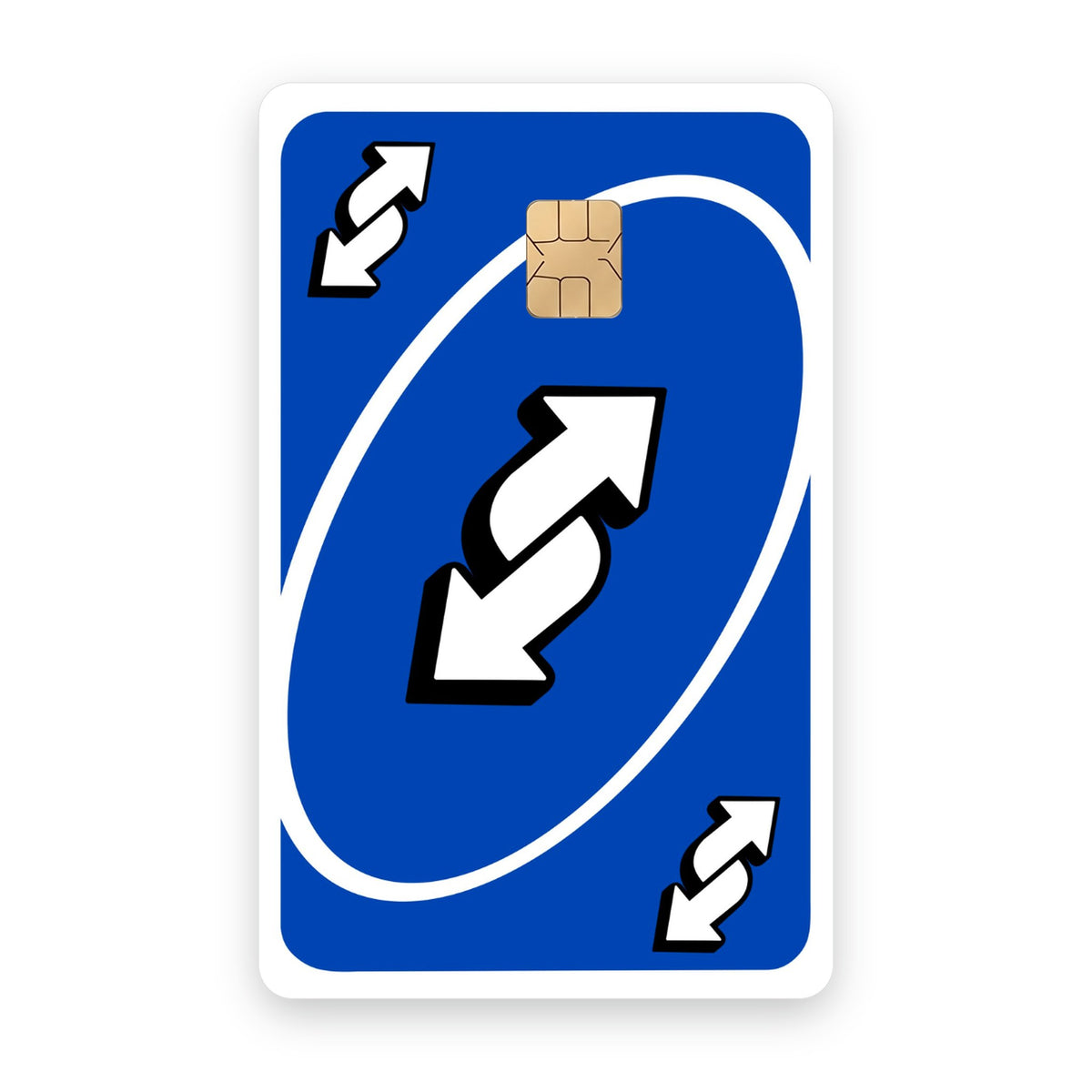 UNO Reverse card sticker on a bank card