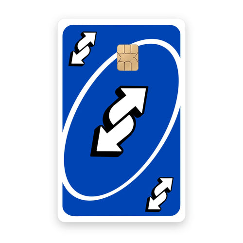 UNO Reverse card sticker on a bank card