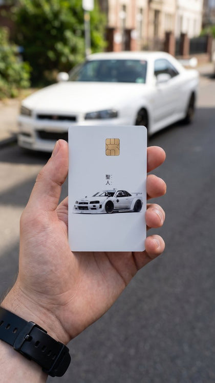 A personalized car card sticker held up, white jdm coupe