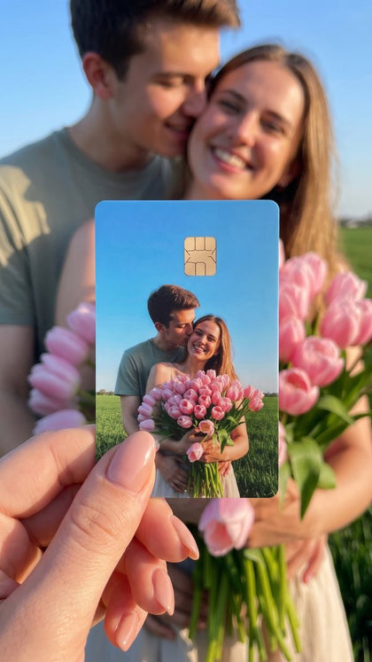 A personalized card sticker held up