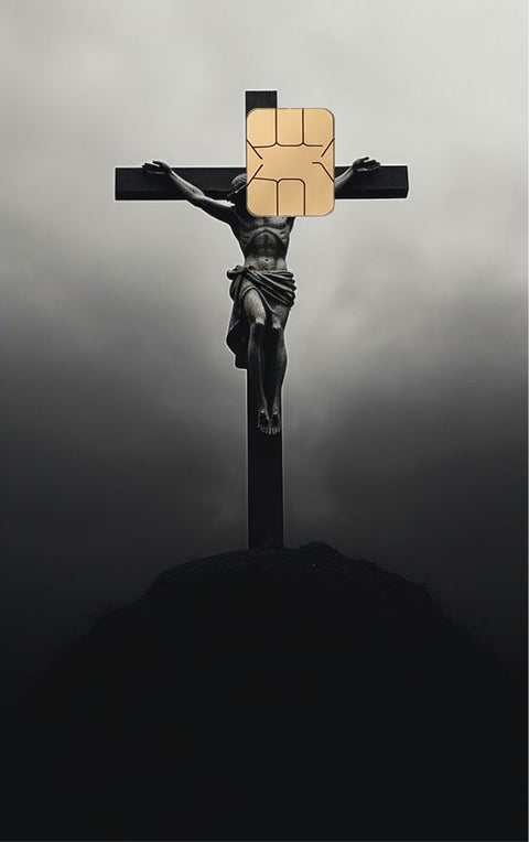 Cross of Solitude card sticker on a bank card