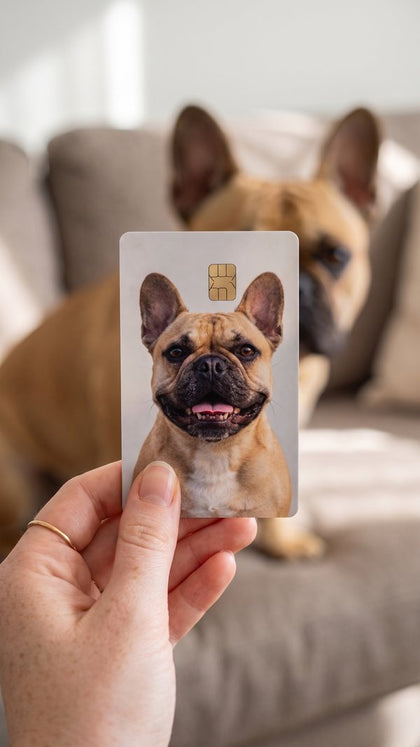A personalized card sticker held up
