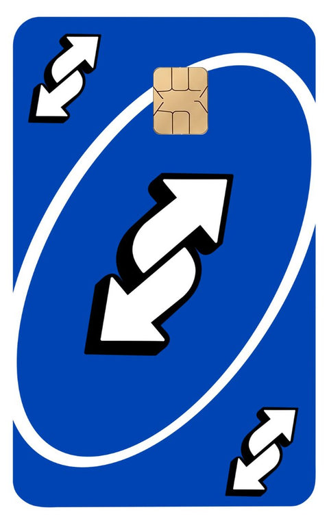 UNO Reverse card sticker on a bank card