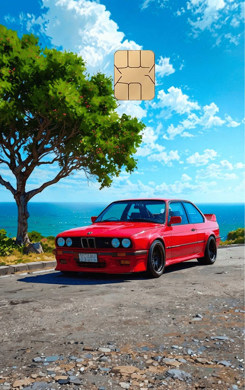 Car card sticker design 113, a red classic car on a coast road