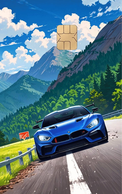 Car card sticker design 114, a blue sports car on a mountain road