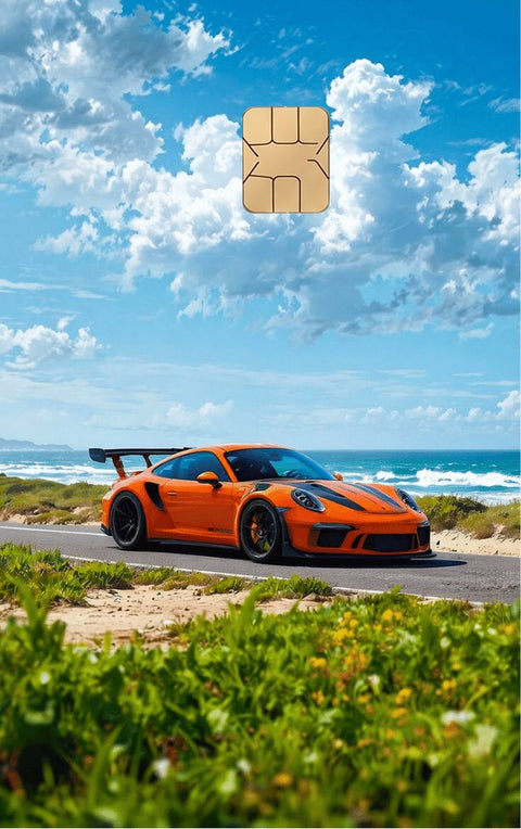 Car card sticker design 115, an orange sports car on a coast road